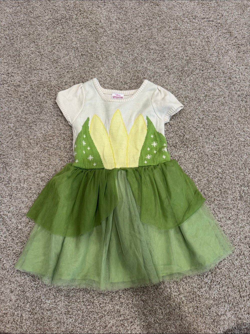 Disney 4T “Tiana” Green and Yellow Tulle Fairy Knit Short Sleeve Dress